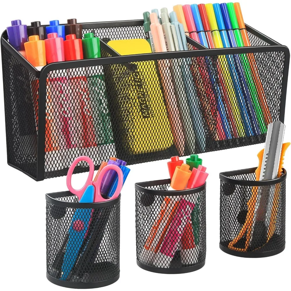 magnetic pencil holder - metal pen holder with strong magnets - storage basket organizer for whiteboard, refrigerator, locker a