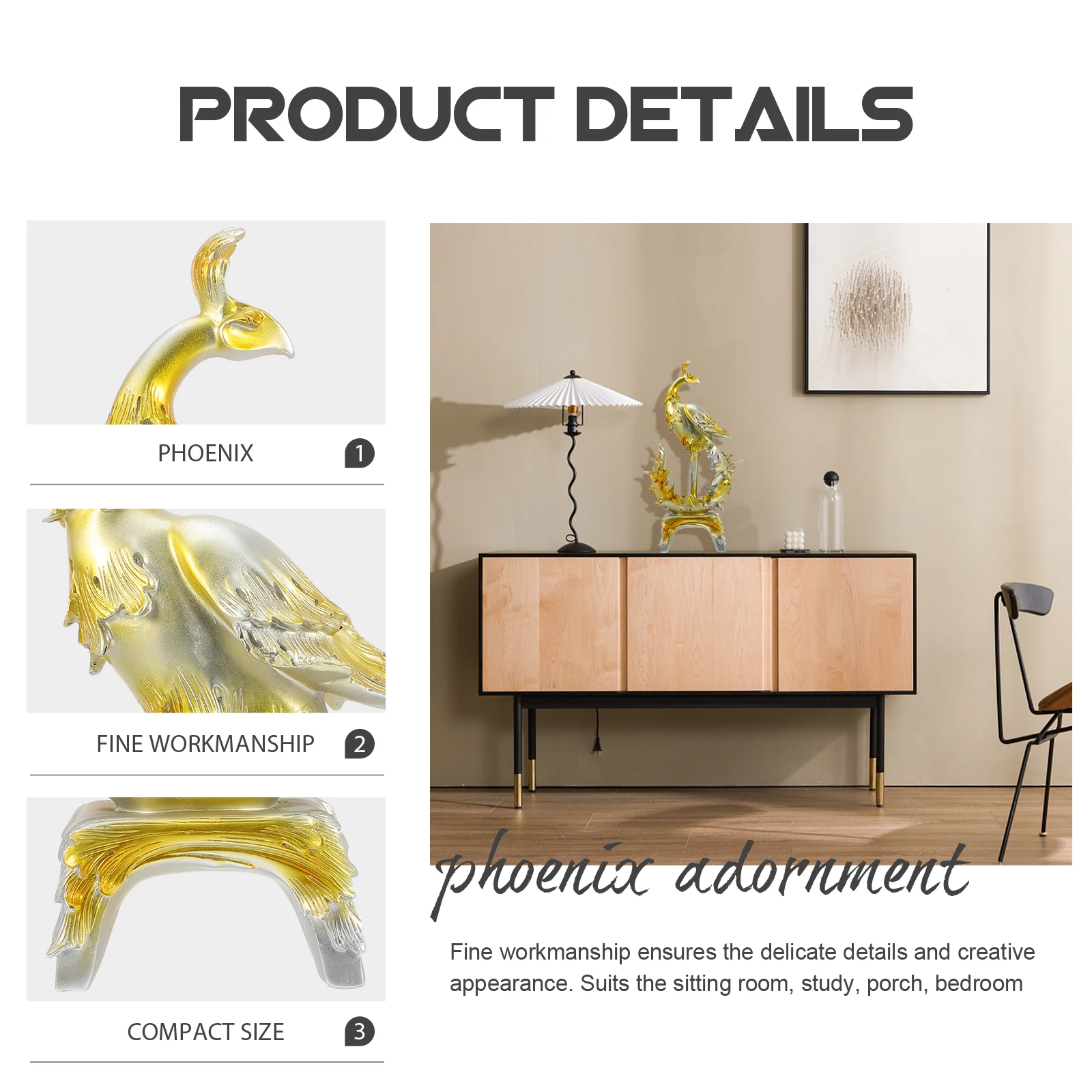 

Delicate Resin Phoenix Statue Home Office Decor Adornment Auspicious Art Sculpture Ornament Garden Desktop Bedroom Study Gift
