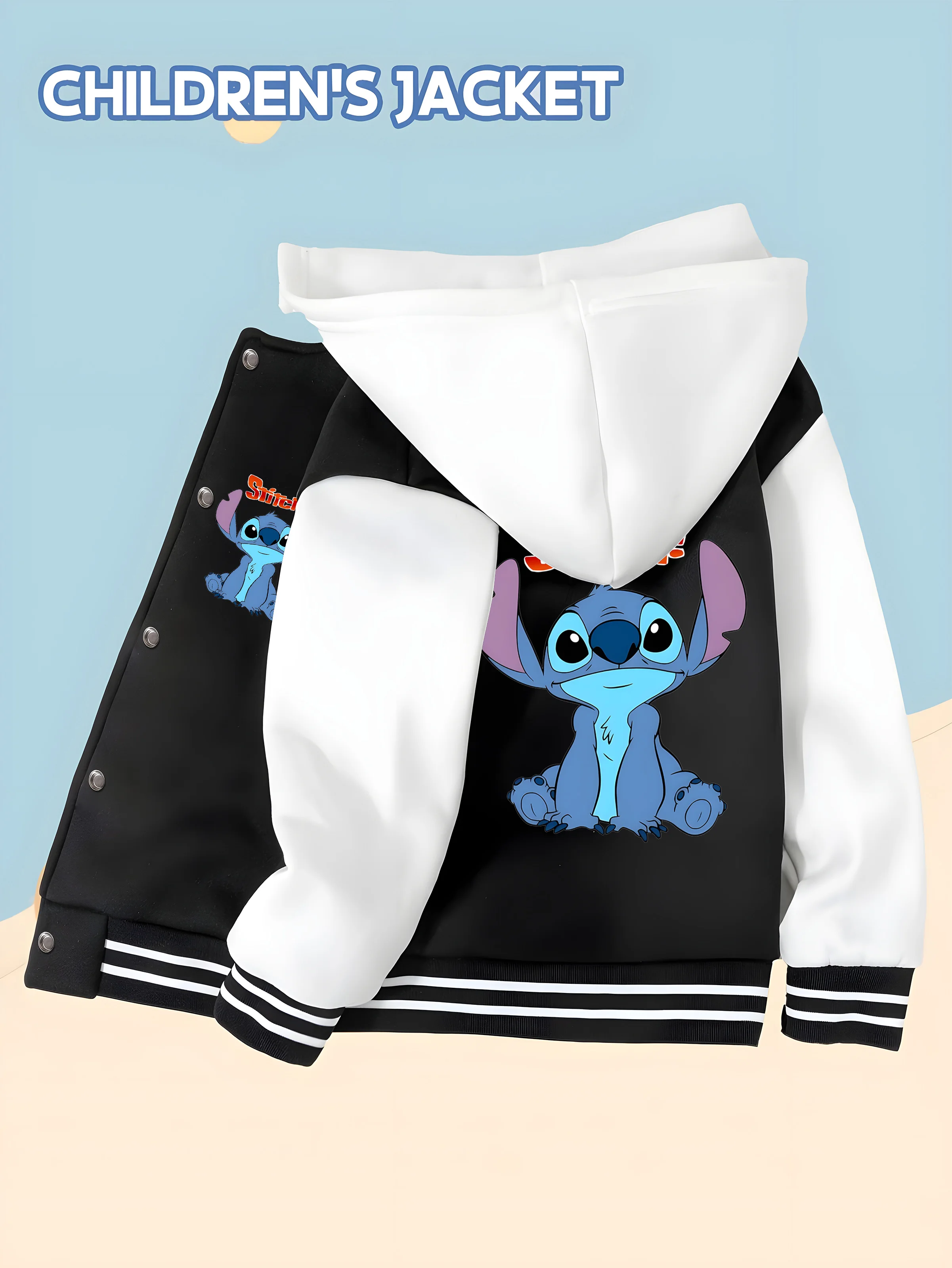 

MINISO Disney Boys' Baseball Jacket - Stitch "Stitch!" Cute sitting style, double-sided Stitch print, soft fabric, casual wear