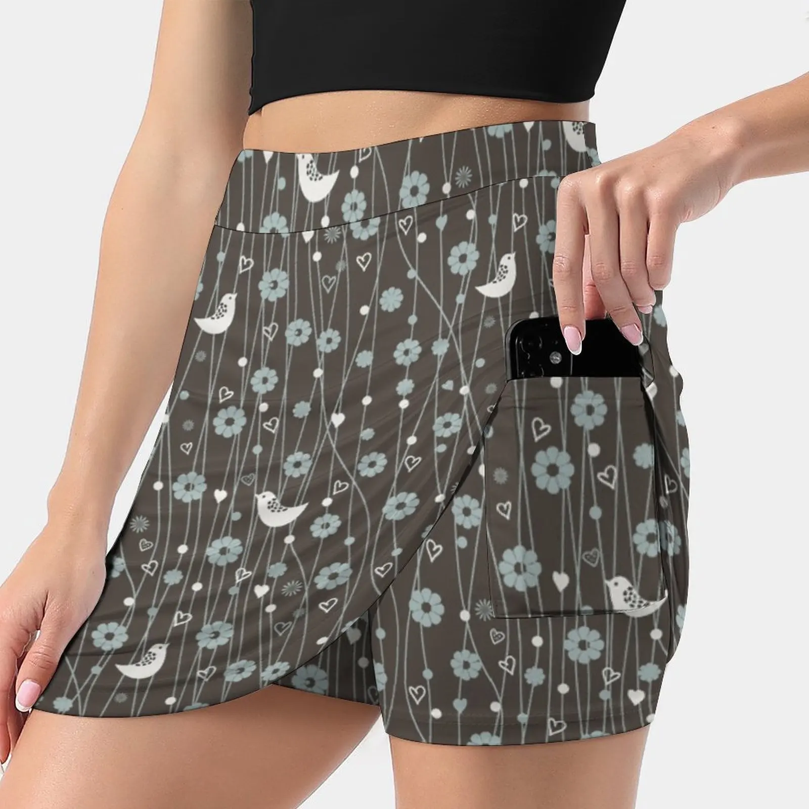 Birds On Black Women's skirt With Pocket Vintage Skirt Printing A Line Skirts Summer Clothes Bird Black Doodle Vector Cool