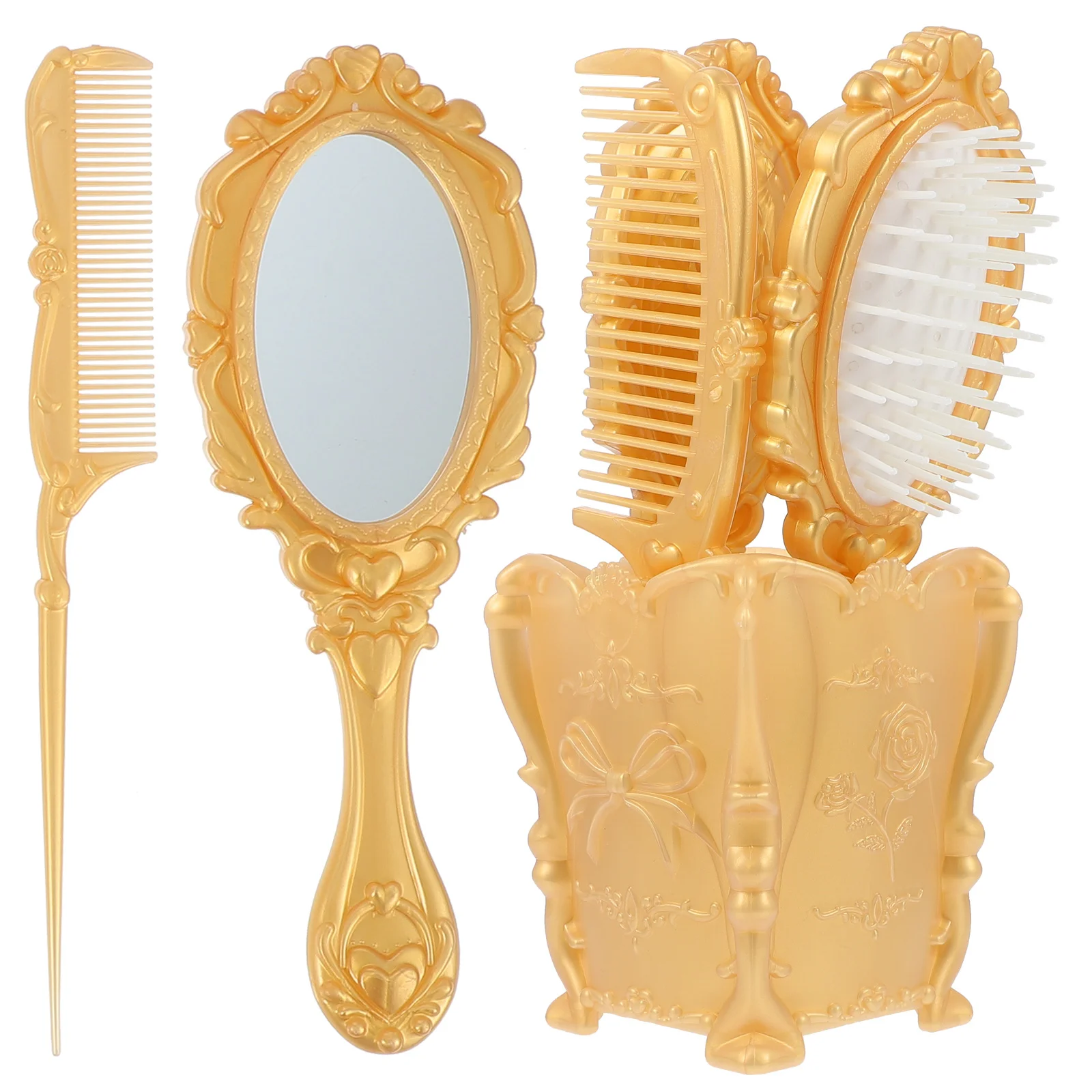 

5 Pcs Portable Hair Brush Vanity Mirror Comb Set Salon Mini Holder Golden Travel