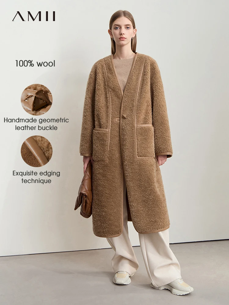 

Длинное меховое пальто AMII, новинка зимы 2025, новая шерстяная толстая теплая верхняя одежда с v-образным вырезом, кожаный повседневный свободный женский топ с пряжкой и карманом 12444137