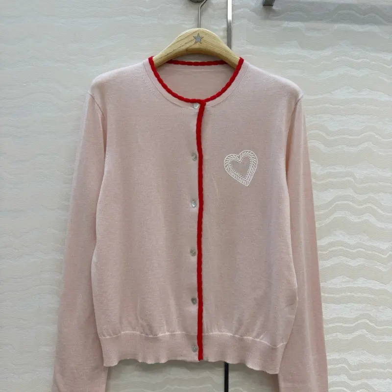 Pink crew‑neck long‑sleeve knit cardigan with heart embroidery