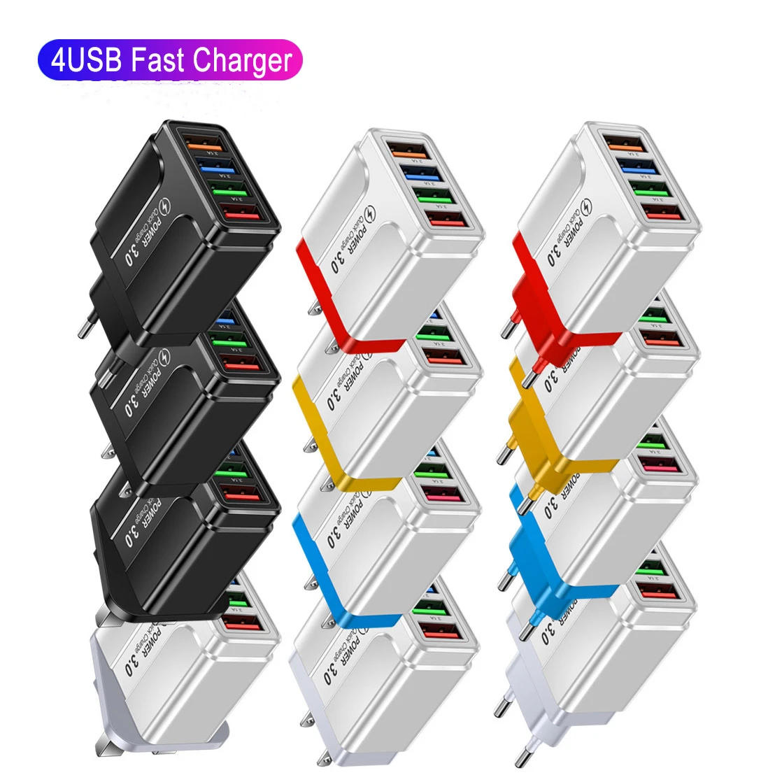 4-Port USB Luminous Multi Port 3.1A Butterfly 4 USB Mobile Phone Charger Travel Charging Head US/EU/UK Charger