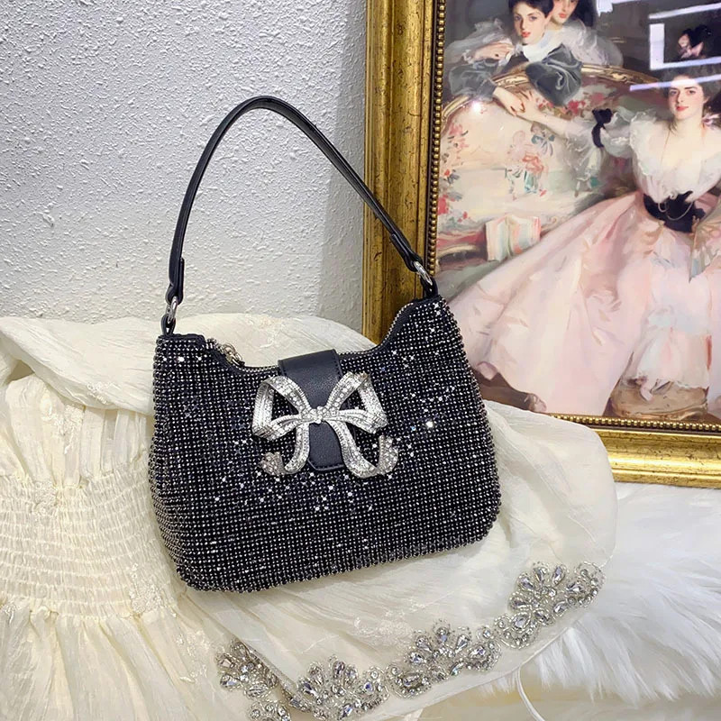 

Luxury shiny diamond-encrusted women's armpit bag niche design dinner bag cute bow handbag bag