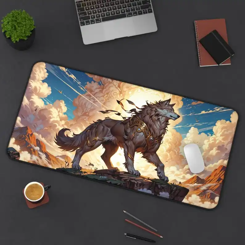 

Golden Wolf Gamer Desk Mat, Office Decoration, Animal Lovers Gift, Stylish Workspace, Non-Slip Waterproof Gaming Mouse Pad