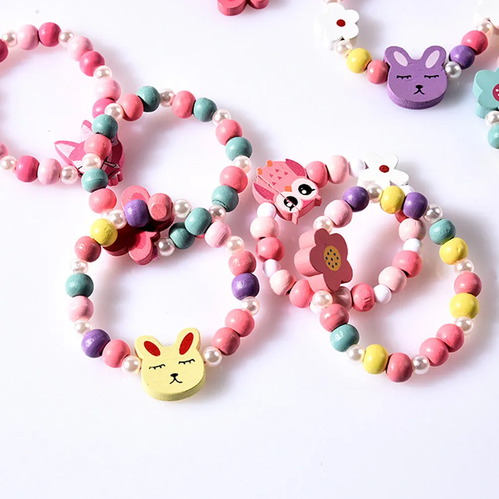 Kids Wooden Bracelet Necklace Set Colorful Creative Cartoon Flowers Heart Shape Jewelry Gift for Girls Daily Wear Children