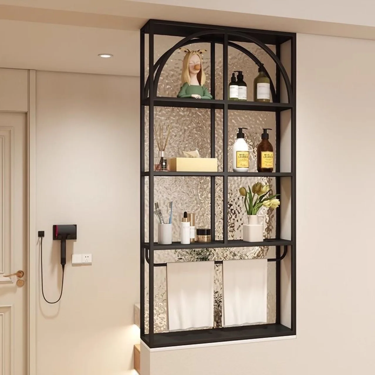 Cream wind bathroom washstand dry and wet area screen rack Changhong glass water ripple half wall partition rack