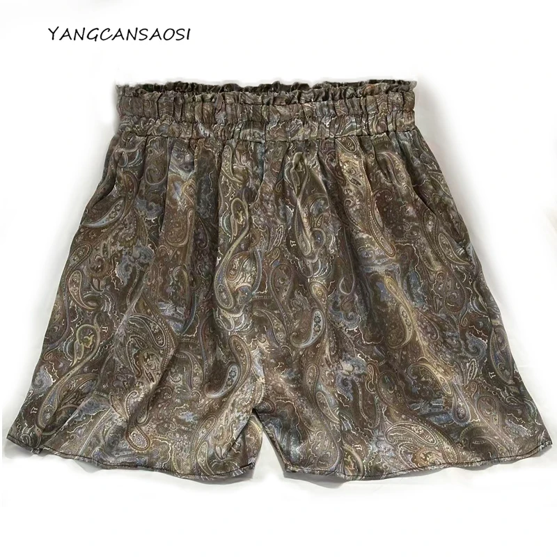 100% calças de seda amoreira natural, shorts femininos estampados de cetim, calças casuais com design de bolso de cintura elástica, 2026 primavera/verão novo