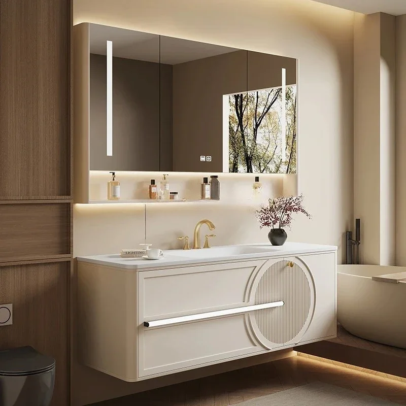 Oak light luxury French cream wind bathroom cabinet combination bathroom washbasin wash basin hot curved integrated basin