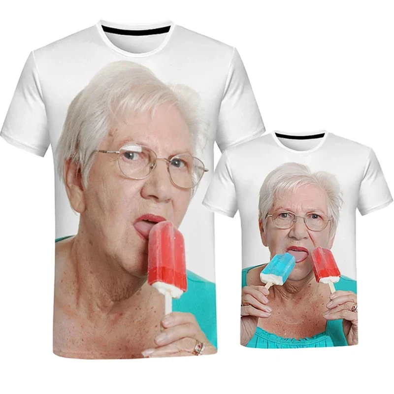 Summer Creative Grandma Fun Popsicle Short Sleeve Women Licking Red Popsicle 3d Print T-Shirt Street Trend O Neck Loose Top Tees