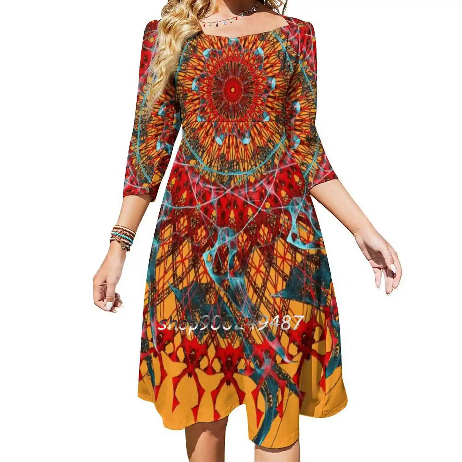 Ocean'S Sunset Square Neck Dress Sweet Summer Dress Women Elegant Halter Print Dress Magick Mandalas Oceans Sunset Mandala Red