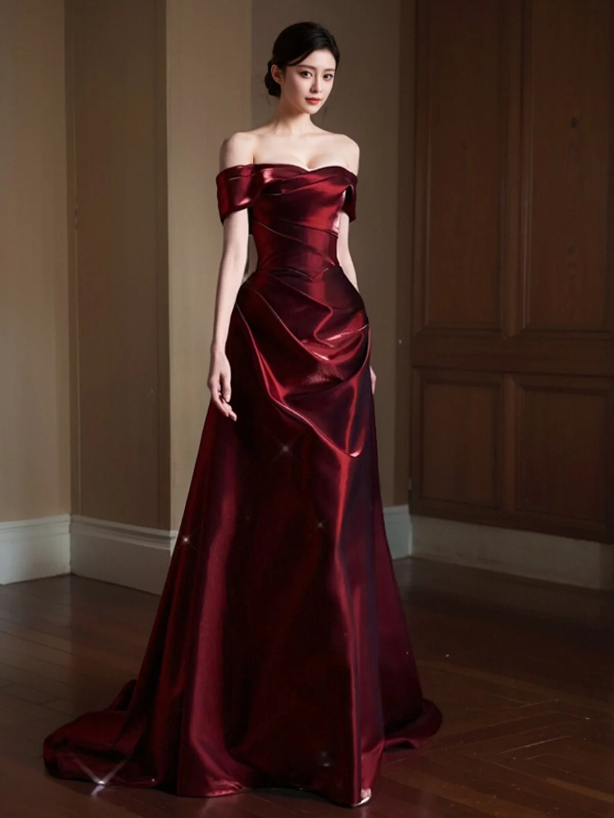 

Wine Red One-oulder Wedding Dr Fi Tail Ceremony Performance Long Evening Gown Vintage Sle Adult Ceremony Celebration