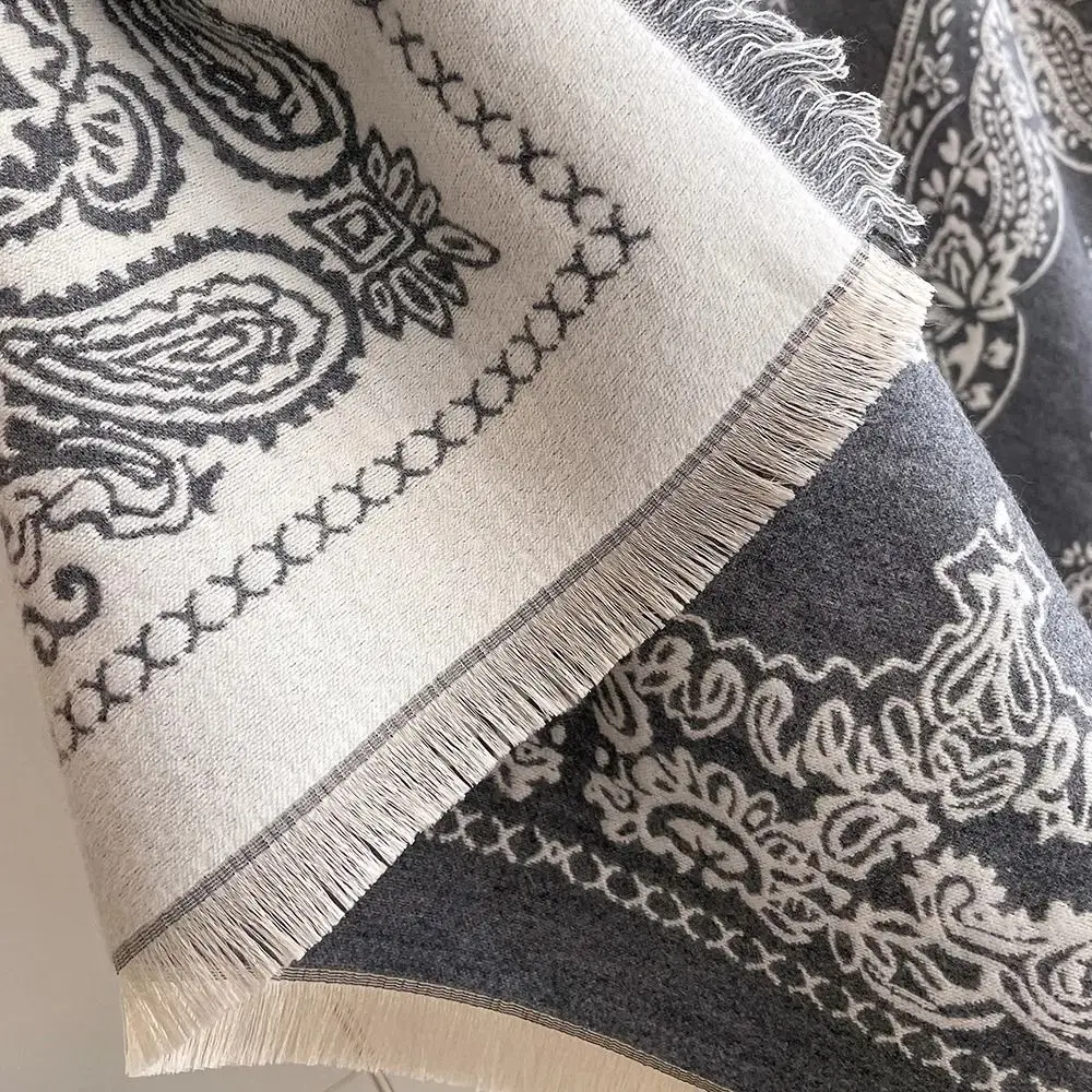 Retro Imitation Cashmere Winter Scarf Warmth Square Printed Shawl and Wrap Soft Double-sided Tassel Poncho