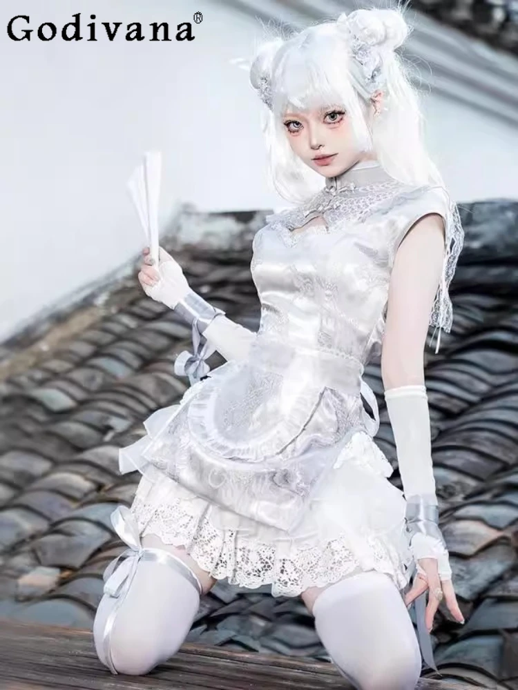 

Chinese Lolita Cheongsam Maid Apron Lace Shorts Uniform Dress Sets Sweet High Waist A-line Short Sleeve Stand-up Neck Dresses