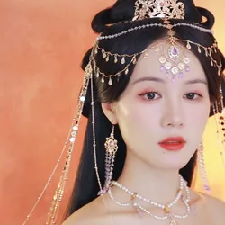 Hairband of Elves Gold Plated Crown Fashion Fairy Ethnic Long Tassel Full Crystal Women Hair Accessories