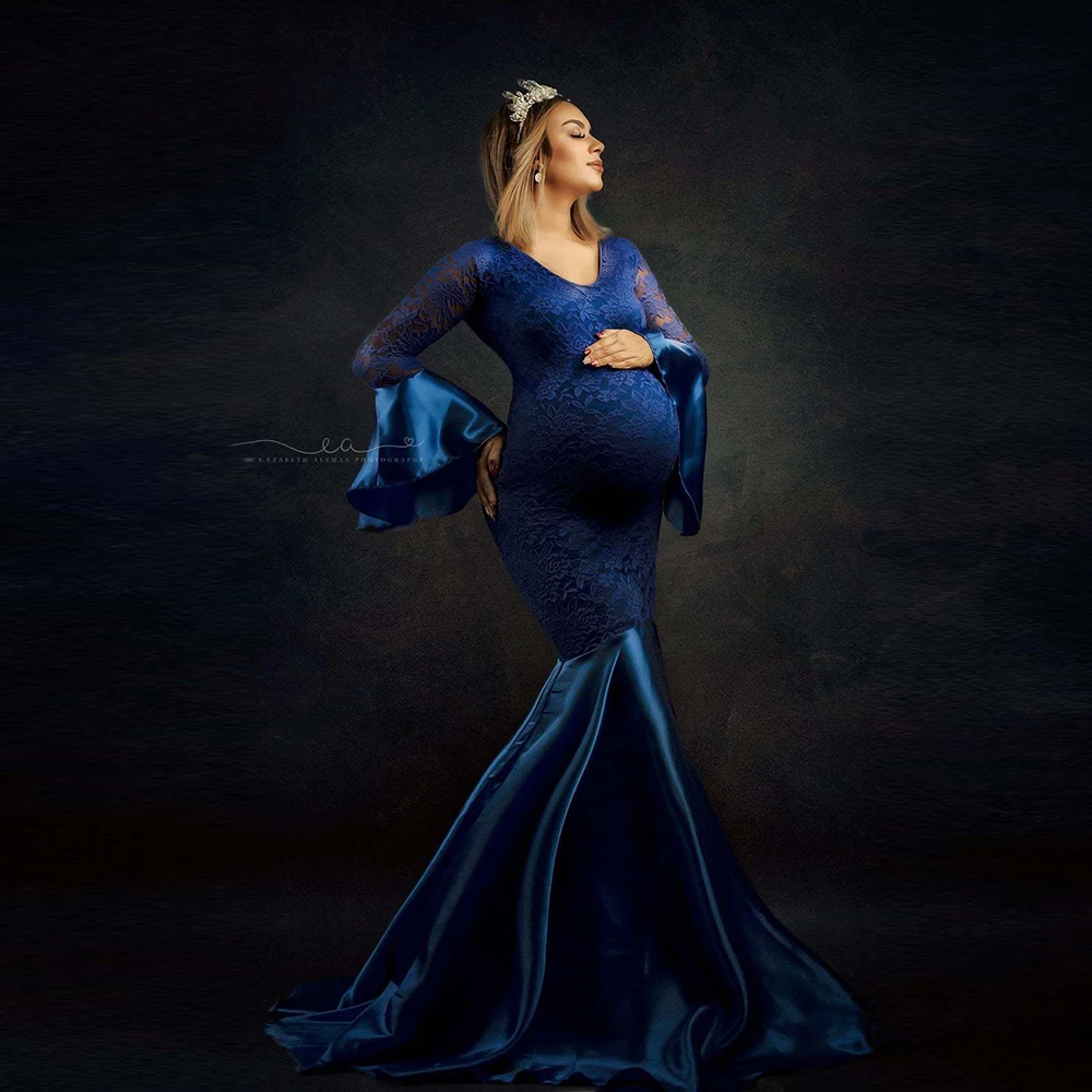 Maternity Dresses for Photo Shoot Blue Ruffles Evening Round Neck Sleeve Lace Stitched Fishtail Skirt Longuette  Vestidos