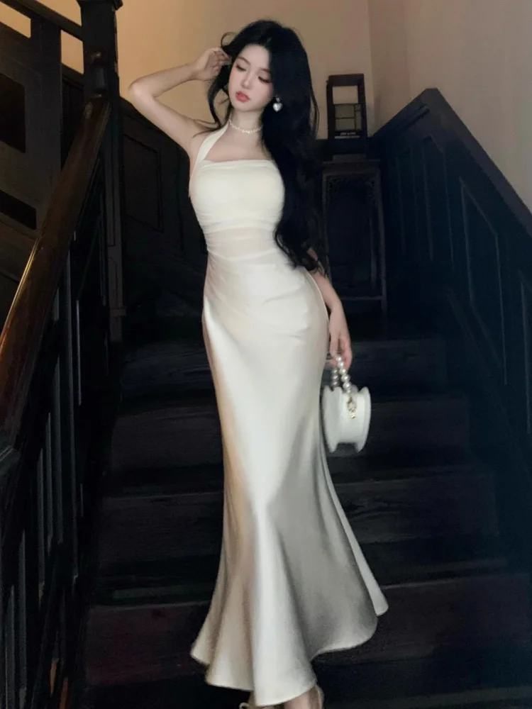 Otoño mujeres Vestidos de sirena de satén elegante Halter sin mangas Slim Chic Vintage Vestidos fiesta de noche salir de noche trajes