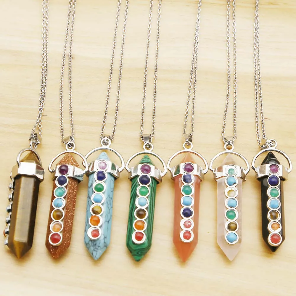 

Natural Stone 7Colors Chakra Crystal Pillar Hexagon Pendant Stainless Steel Chain Necklace Charm Jewelry Making Accessories 6Pcs