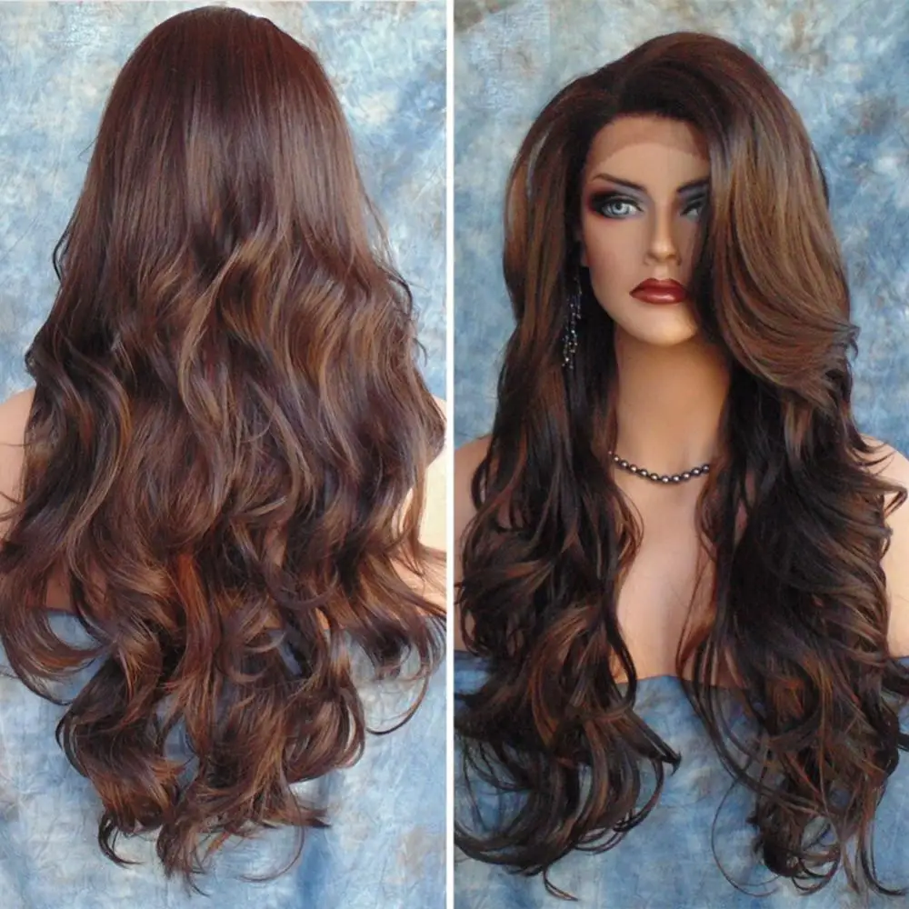 Extensão de cabelo encaracolado ondulado longo para mulheres, cabelo falso, parte média, castanho chocolate, traje cosplay perucas completas, 70cm