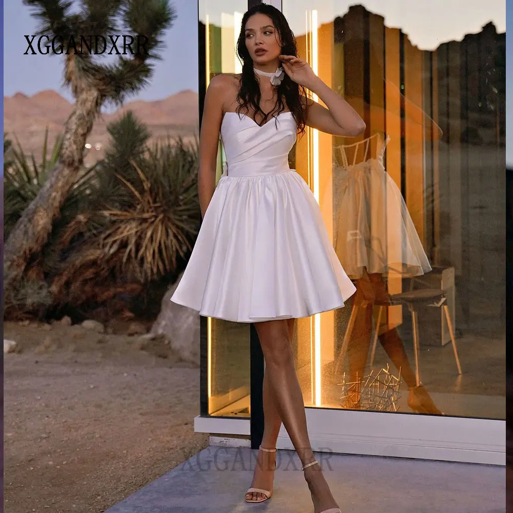 Customized Charming 3D Flowers Strapless Matte Satin Short Wedding Dress for Women Pleat Mini Bride Gown 2026 Vestidos De Novia