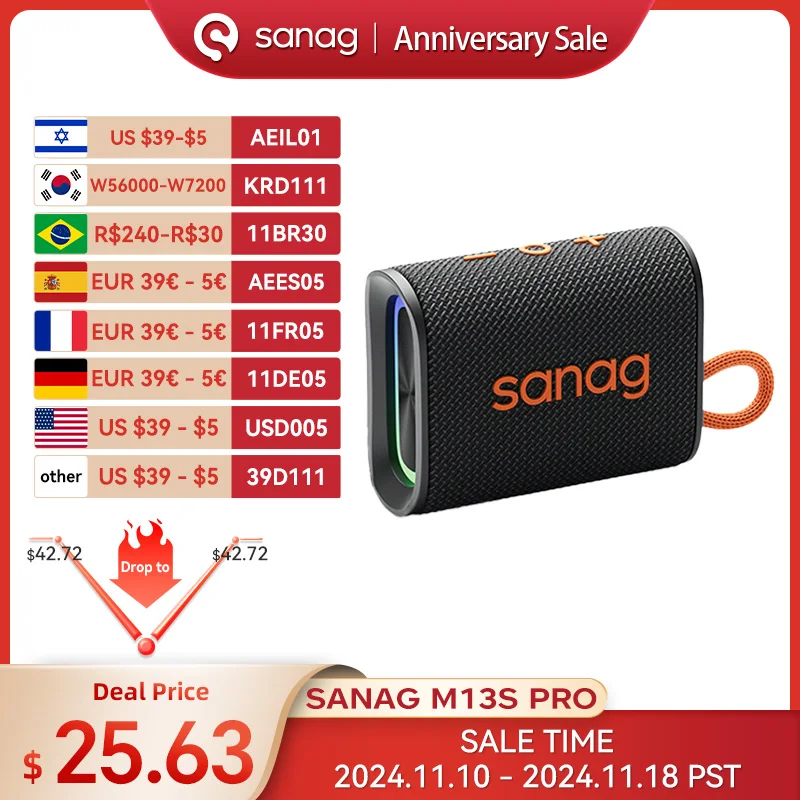 Sanag M13S PRO Bluetooth Speaker 5W IPX7 Waterproof Mini Outdoor Portable APP Control Wireless Speaker Subwoofer Hands free Call