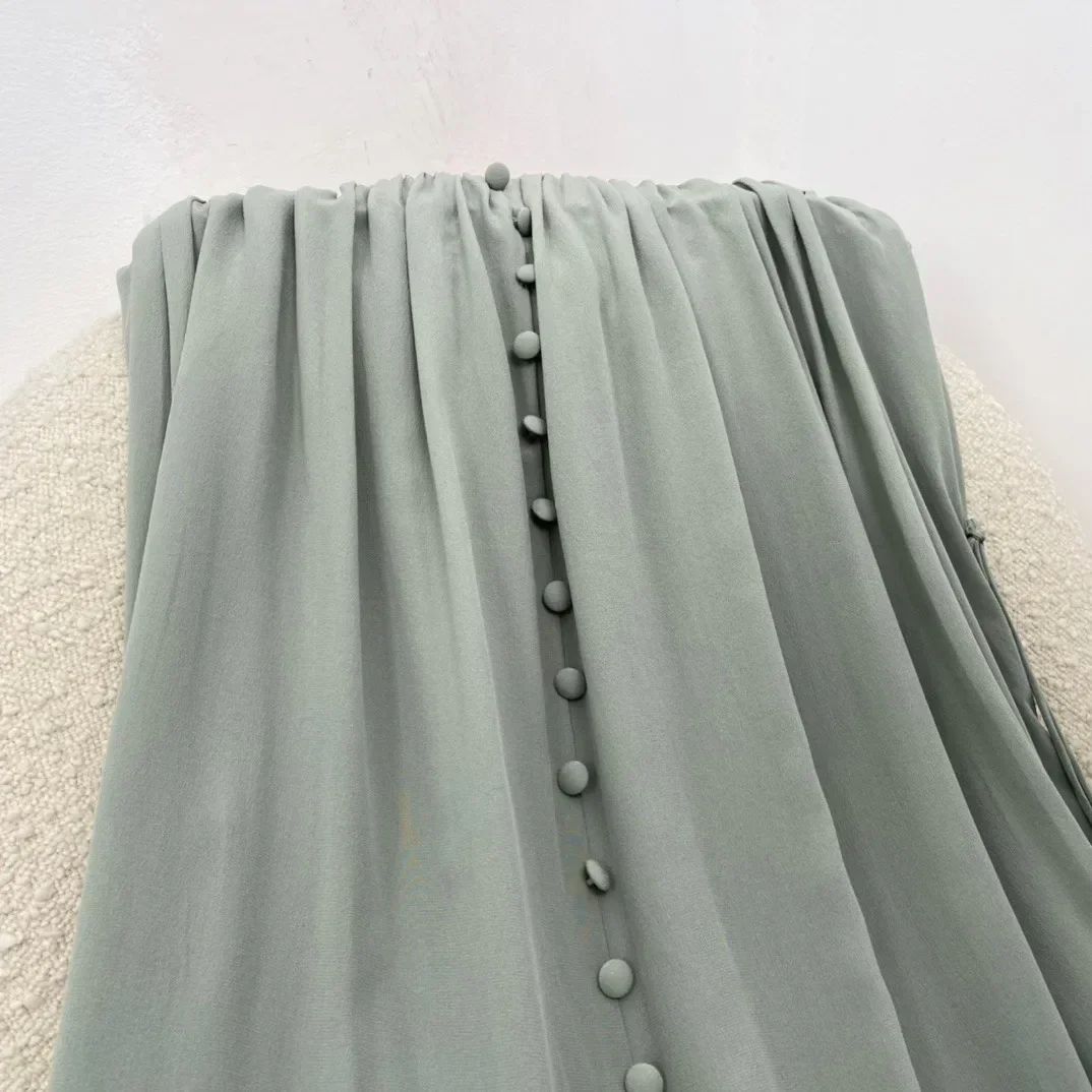 2024 New Spring Summer Silk Black Green Ruffles Sling Camisole Sleeveless Strapless Beach Style Loose Side Slit Maxi Dress