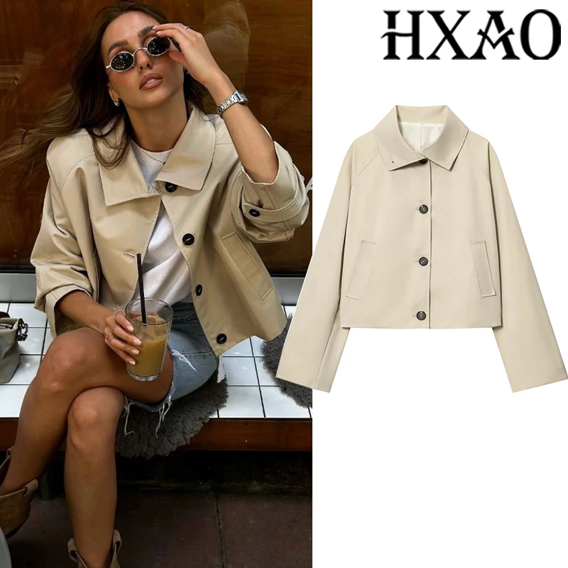 

HXAO женская куртка, демисезонный короткий плащ, женская ветровка на пуговицах с длинными рукавами, новые пальто, элегантные женские пальто