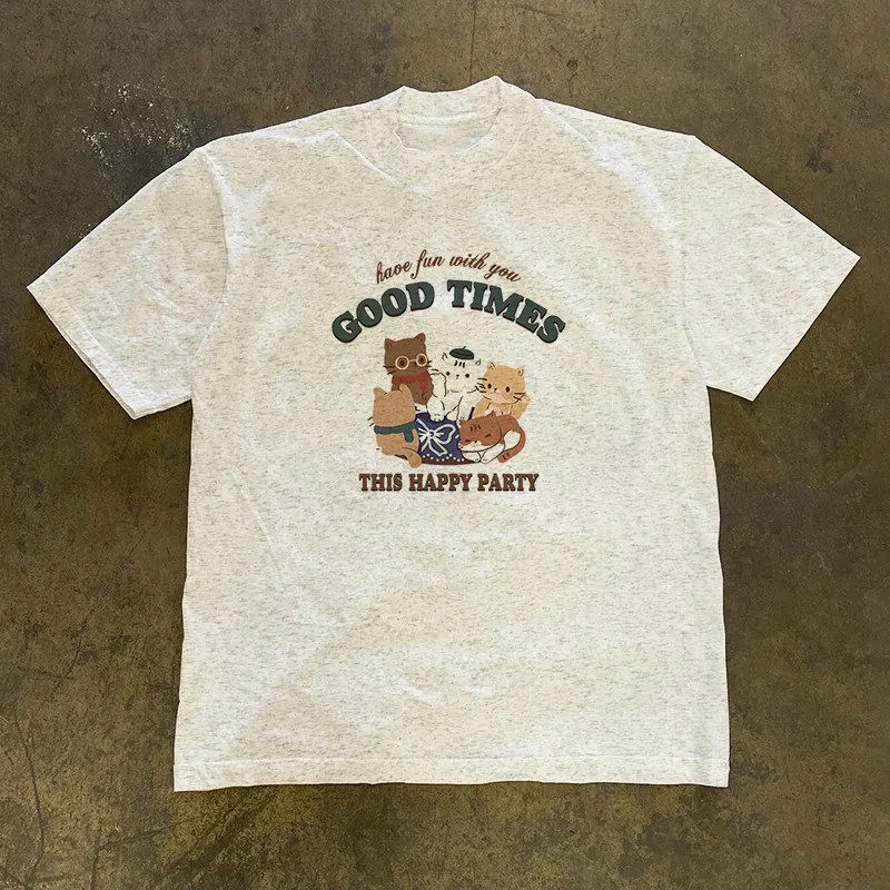 เสื้อยืดแขนสั้นลายการ์ตูนแมว คอกลม สไตล์เรโทร รุ่นใหม่ ประจำปี 2026 เสื้อใส่สบายๆ สำหรับวันหยุดพักผ่อน สไตล์ Y2k ฮาราจูกุ