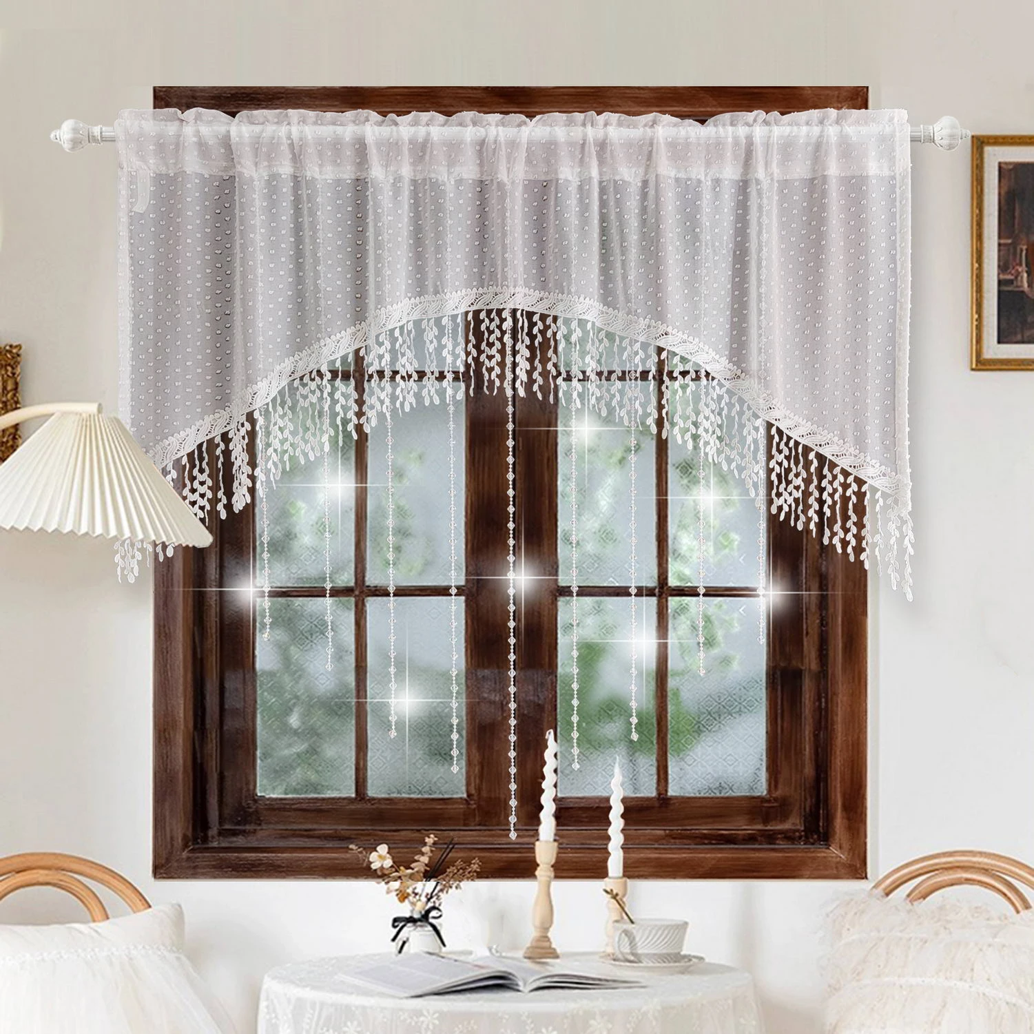 

Boho Chic Beaded Curtain - Glam Style Polka Dot Tulle wtih Tassels Plastic Beads, Sparkling Doorway Divider for Living Room