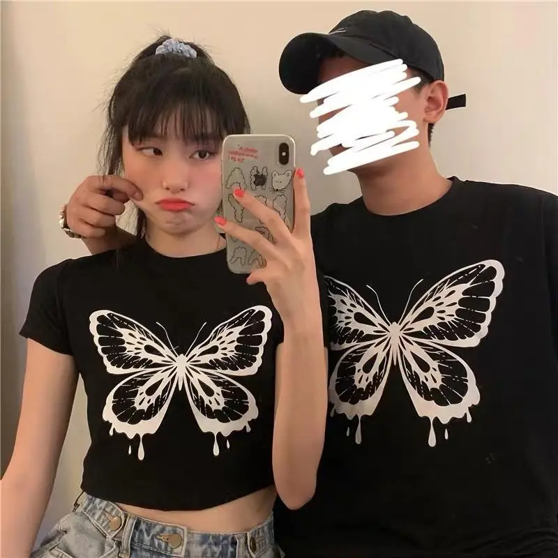 

Summer Butterfly Print Round Neck T-Shirts Harajuku American Retro Couple Unisex Top Gothic Streetwear Casual Short-Sleeved Tees