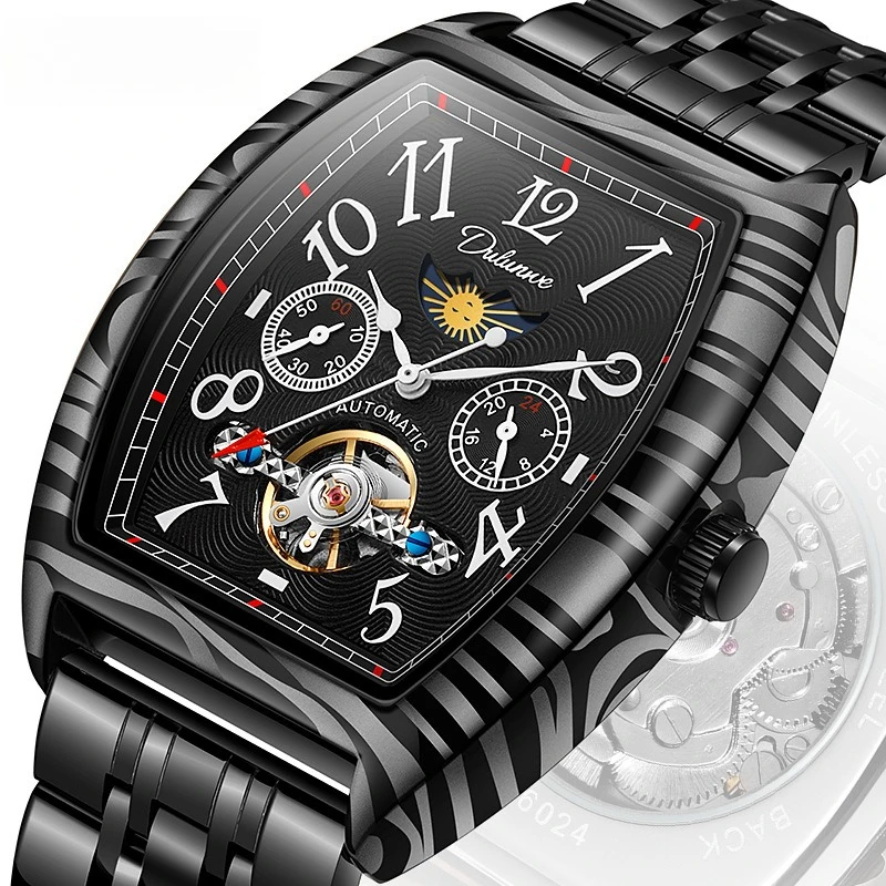 Carbon Fiber Sun-Moon-Star Tourbillon Skeleton Luminous Waterproof Self-Wind Automatic Watch for Men