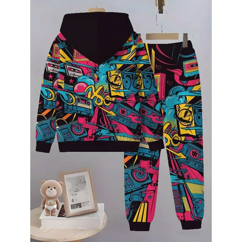 2025 موضة الكتابة على الجدران العصرية نمط ثلاثية الأبعاد مطبوعة هوديي البلوز فستان أطفال مع سروال داخلي مريح لكل من الرجال والنساء