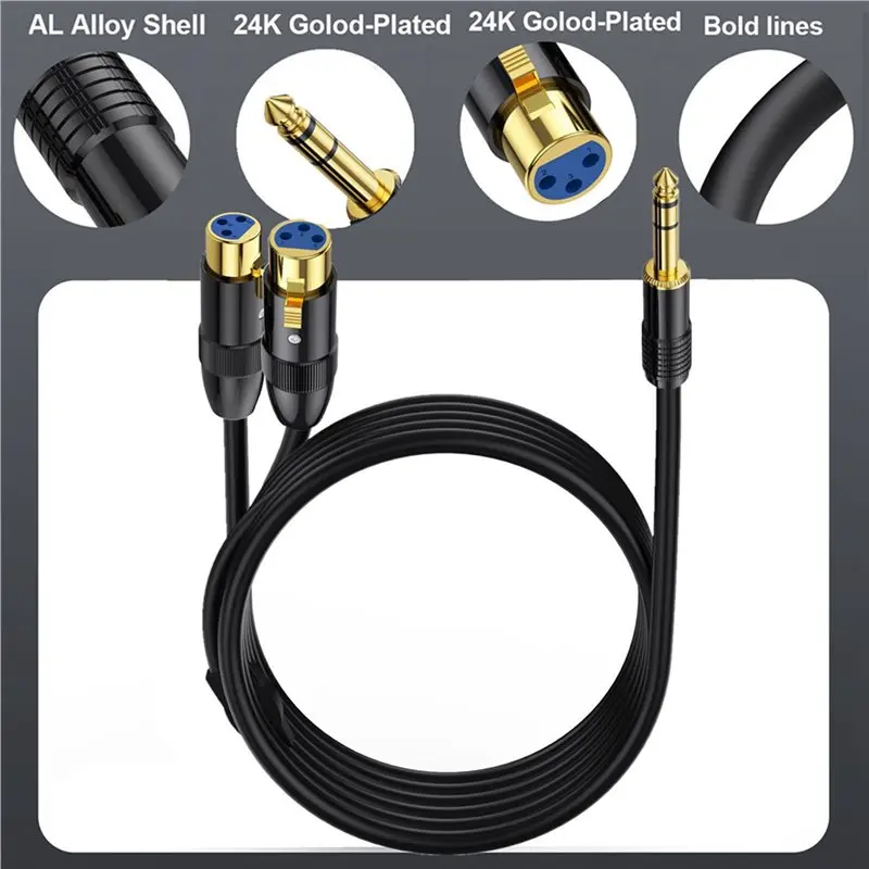 Superior-3X Dual Female XLR To 1/4 Inch TRS Stereo Male Plug Y-Splitter Cable 2-XLR Female To Quarter Inch Adapter Patch Cord-C