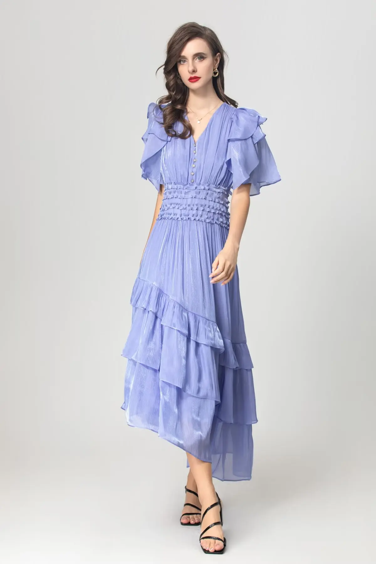 فساتين نسائية مثيرة بياقة على شكل V وأكمام قصيرة وخصر مطاطي وكشكشة متدرجة غير متماثلة أنيقة غير رسمية