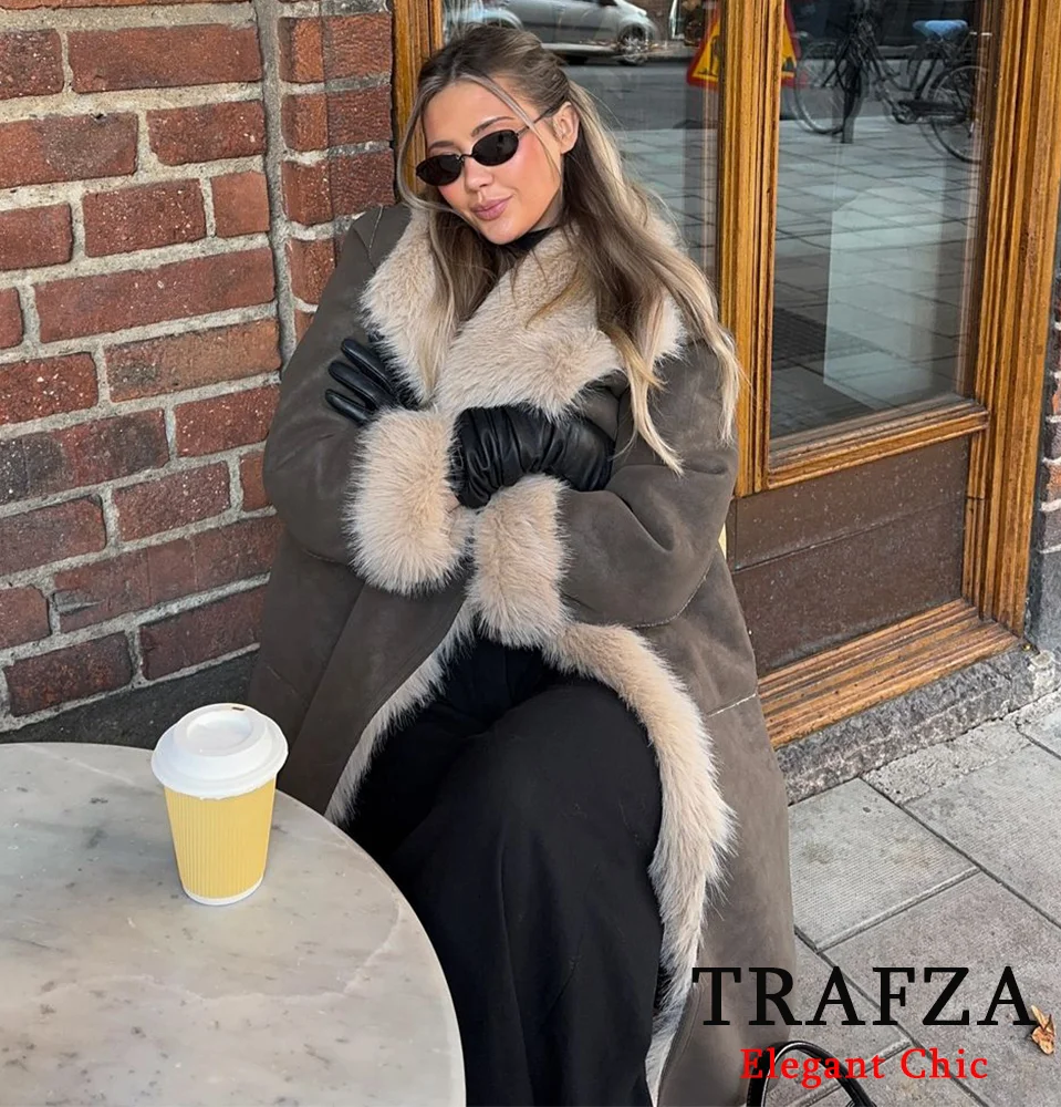 TRAFZAผู้หญิงฤดูใบไม้ร่วงฤดูหนาวFaux Fur Long Coat Vintage Shaggy Reversibleสวมใส่ยาวเสื้อใหม่ 2024 แฟชั่นRetro Street Long Coat