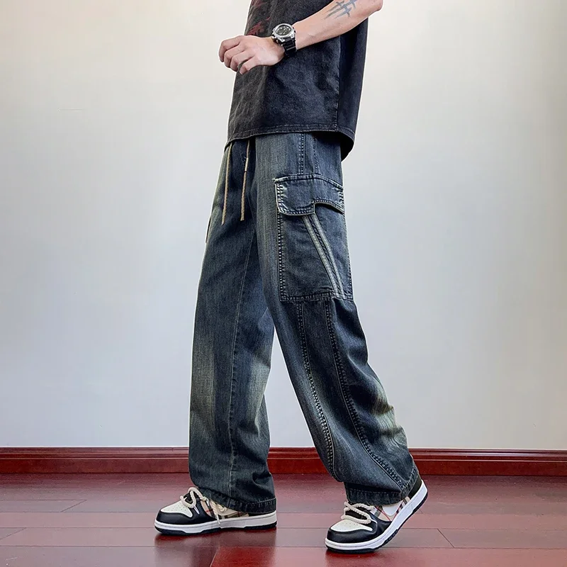 Estate gamba larga lavaggio Jean tasche con patta pantaloni cargo leggeri pantaloni da strada da uomo pantaloni estivi sottili casual larghi taglia grande 8xl