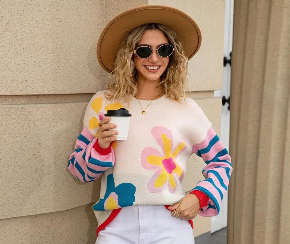 Suéter de punto a la moda para mujer, suéter de flores de manga larga a rayas empalmado, cuello redondo cálido, otoño e invierno