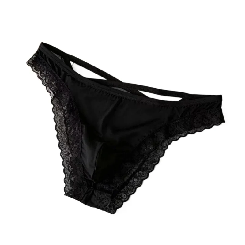 Men Briefs Low Waist Sexy Lace Splicing Cross Strap Panties Sissy U Convex Pouch Underwear Elastic Breathable Bikini Underpants