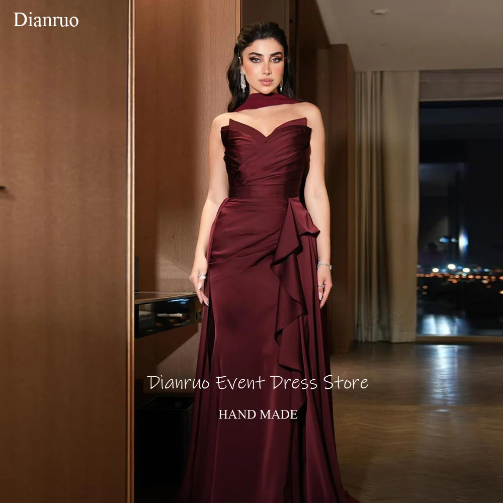 Dianruo-vestidos De noche De satén con forma De corazón, color Burdeos, cintas De sirena, bata De fiesta para mujer, vestido De graduación saudí fruncido con volantes personalizado