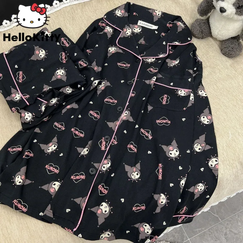 Sanrio Kuromi Women\'s Pajamas Cartoon Cute 2023 New Ins Spring Long-sleeved Students Adult Cardigan Sleepwear  Pajamas Set