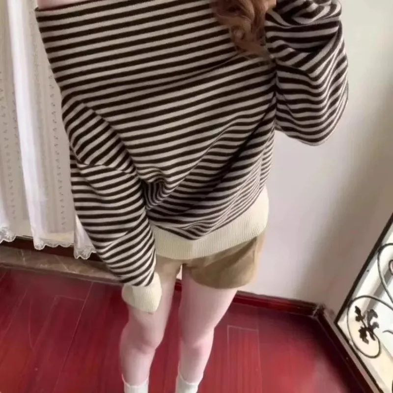 Korean Early Autumn Atmosphere Wear Striped Loose One-word Shoulder Knitted Sweater Women's Autumn Winter Off-the-shoulder Top