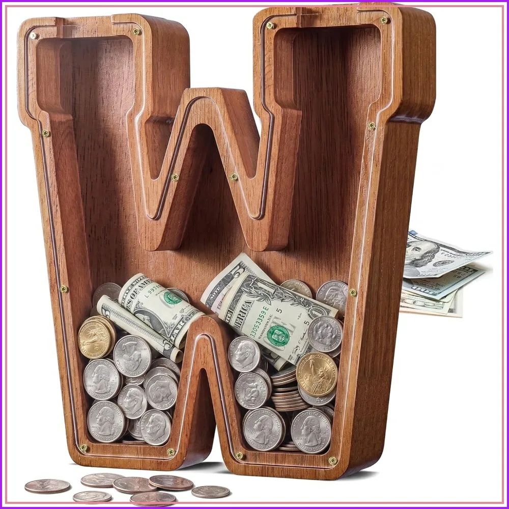 

Large Wooden Initial Piggy Bank, Clear Letter W Money Box, Personalized Coin Saving Jar, Birthday Gift