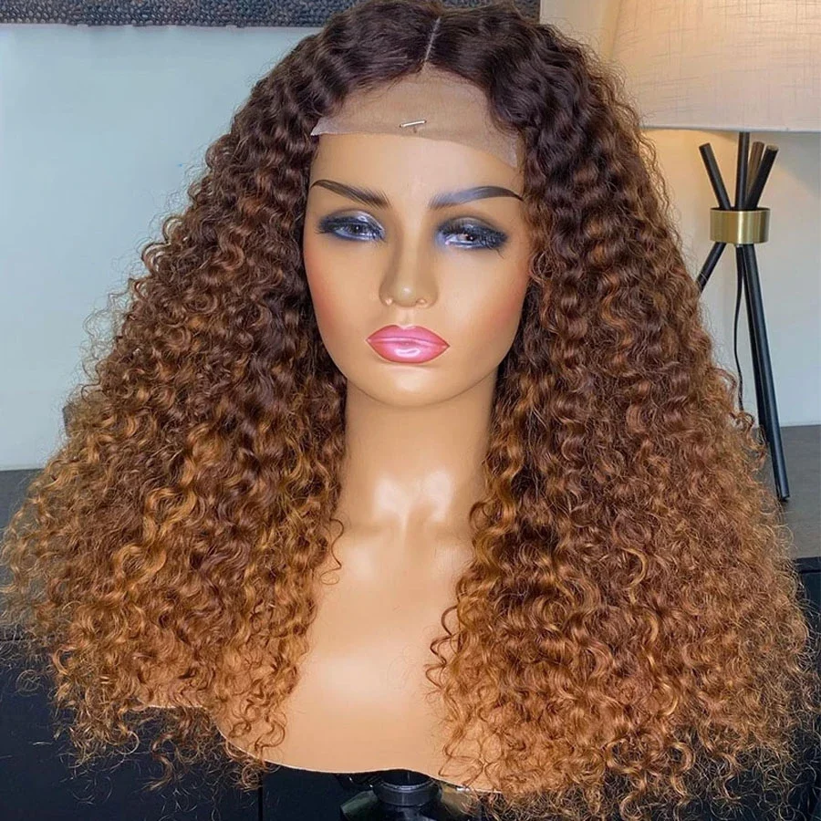 Soft Glueless 180Density 26“ Long Ombre Blonde Brown Kinky Curly Lace Front Wig For Women BabyHair Preplucked Heat Resistant