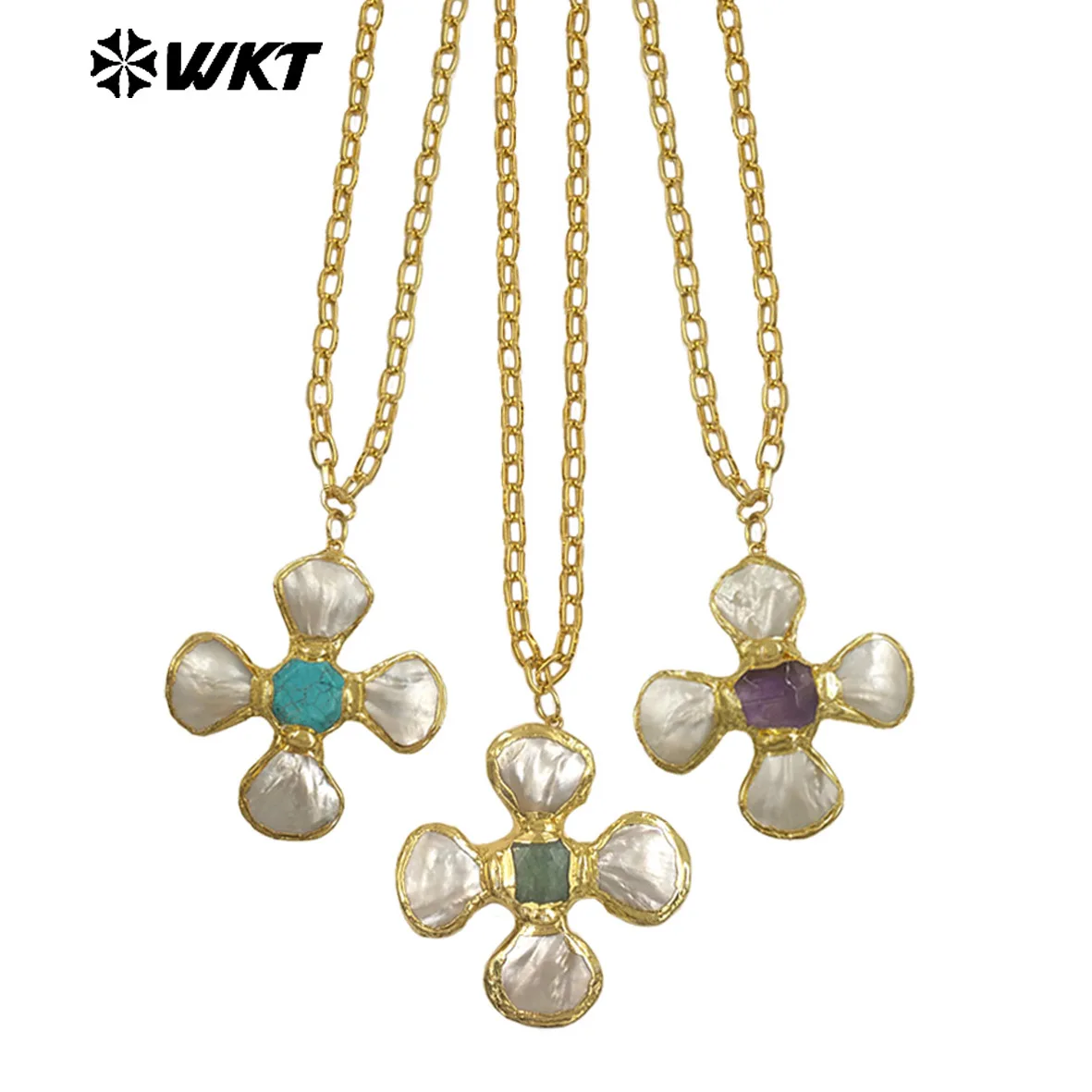 WT-JN346 Popular 18K Gold Plated Natural Turquoise Amethyst Stones And Shell Flower Shape Pendant Necklace As Party Jewelry