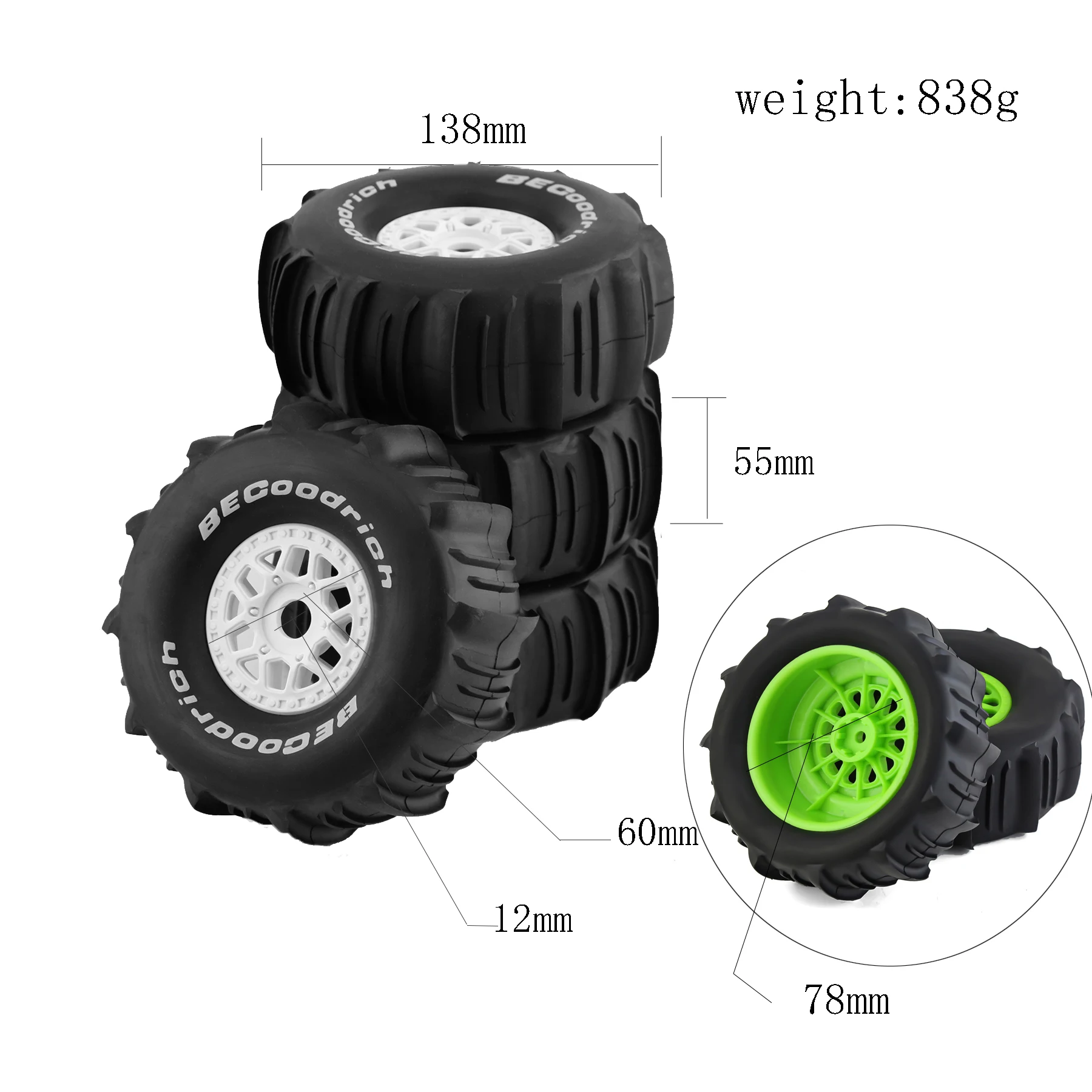 4 pièces 1/7 camion de parcours court du désert et pneu de sable OD138mm 17mm roue hexagonale pour ARRMA Mojave TRAXXAS UDR Yikong DF7 FS Bug tout-terrain