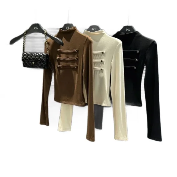 Button Front Patchwork Top Slim Cut Street Style with 3D Effect T Shirts Pullover Regular Length Long Sleeve T Shirt for Women
