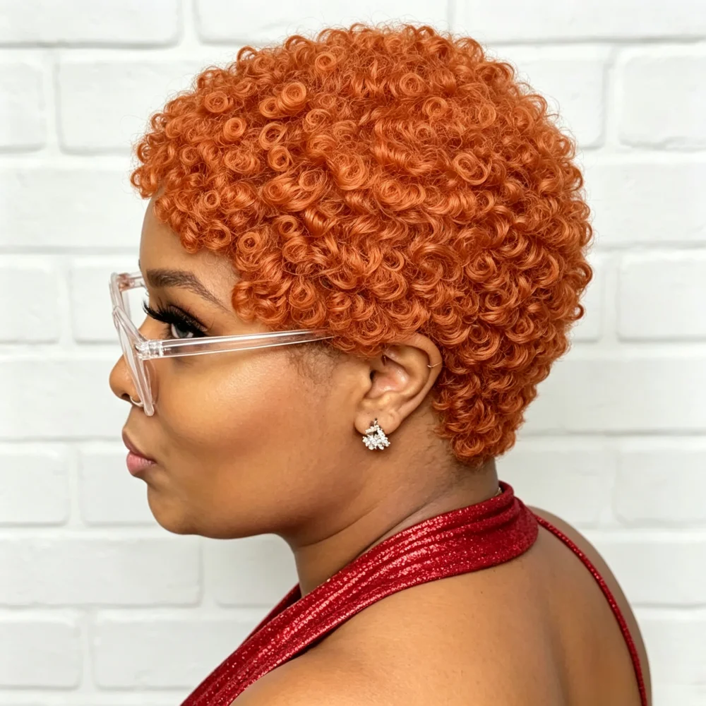 Full Machine Made Short Orange Curly Pixie Wig Human Hair, Short Curly Human Hair Wigs for Women Natural Looking