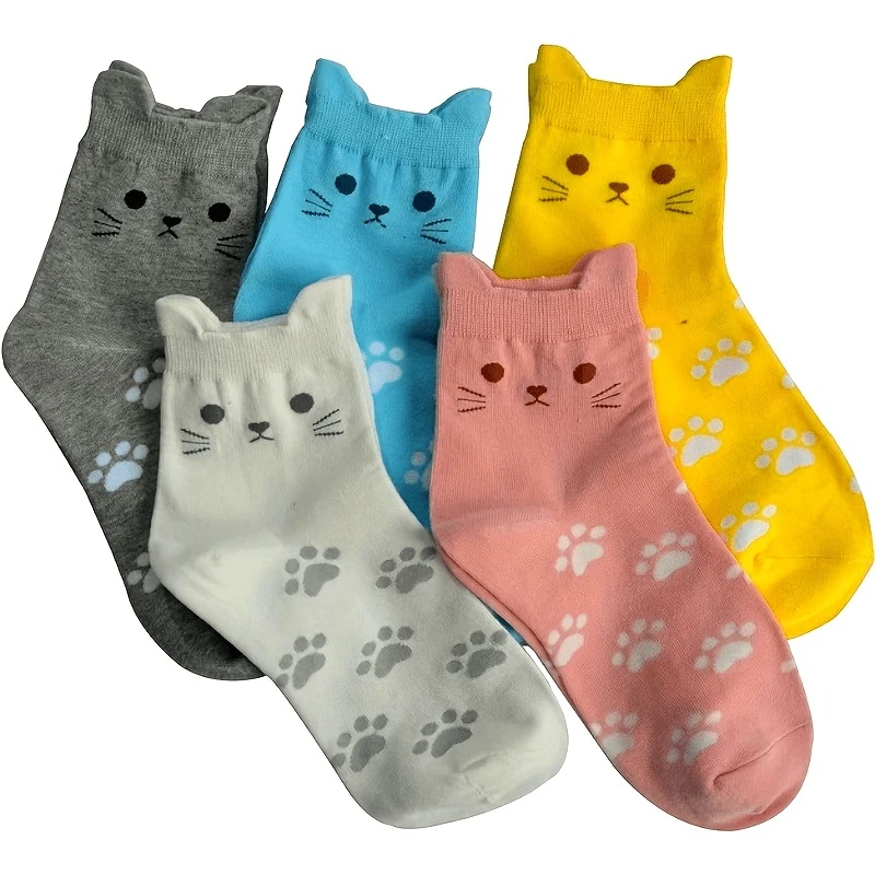 1pair Five Pairs of ' Crew Socks Featuring A Cartoon Cat Design Made From Thick Comfortable and Breathable Material