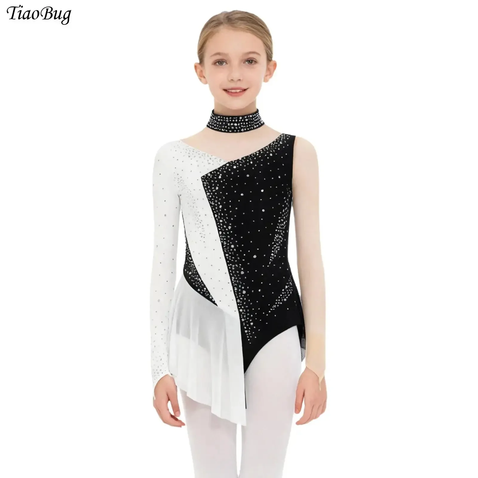 

Girls Sparkly Rhinestones Figure Skating Leotard Dress Long Sleeve Sheer Mesh Ballet Jersey Rhythmic Gymnastics Dance Bodysuit